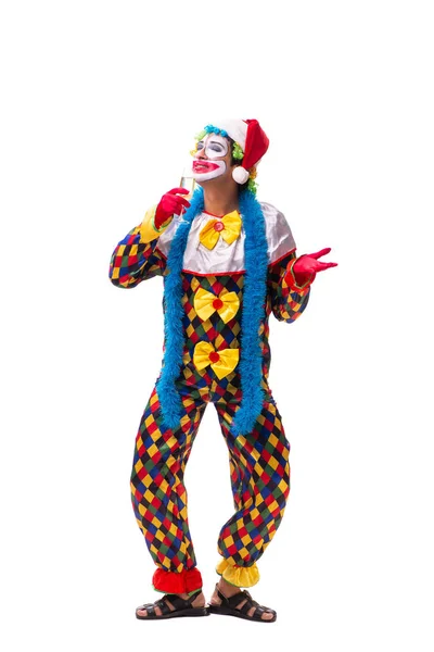 Giovane buffo clown comico isolato su bianco — Foto Stock