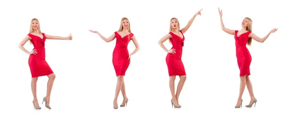 Блондинка в красном платье изолирована на белом — стоковое фото