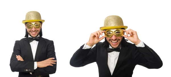 Funny man wearing mask isolated on white — Stock Photo, Image