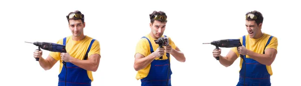 Angestellter eines Bauunternehmens mit Handbohrmaschine auf weißem Hintergrund — Stockfoto