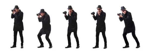 Espía con cámara tomando fotos aisladas en blanco — Foto de Stock