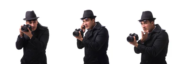 Spy with camera taking pictures isolated on white — Stock Photo, Image