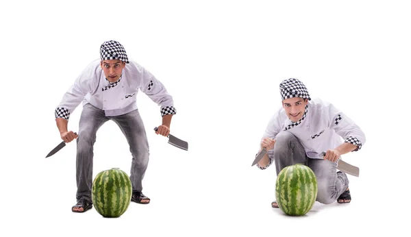 Young male cook with watermelon isolated on white — Stock Photo, Image