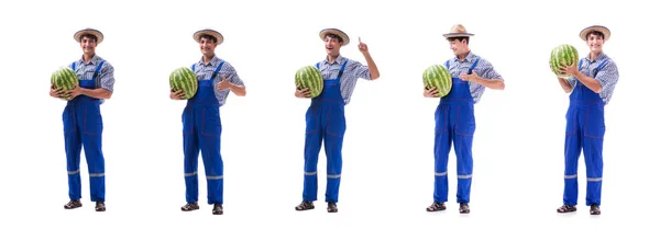 Jungbauer mit Wassermelone isoliert auf weiß — Stockfoto