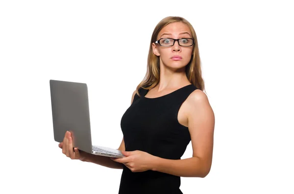 Mulher com laptop isolado no branco — Fotografia de Stock