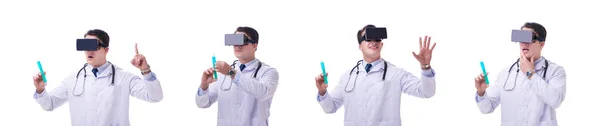 Doctor wearing a vr virtual reality headset isolated on white ba — Stock Photo, Image