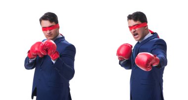 Avukat boks eldiven üzerinde beyaz izole göz bağı ile