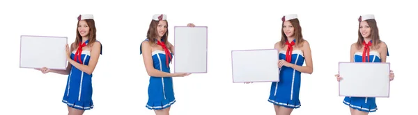 Young woman with blank board on white — Stock Photo, Image