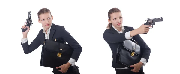 Donna donna d'affari con pistola su bianco — Foto Stock