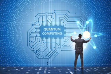 İş adamı kuantum hesaplama kavramında sanal düğmeye basıyor