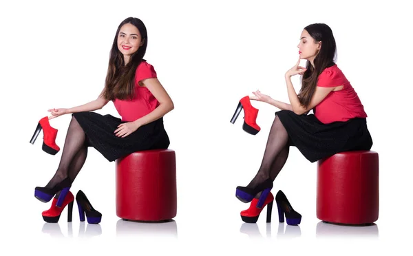 Mujer probando zapatos nuevos aislados en el blanco —  Fotos de Stock
