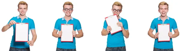 Joven con blanco aislado en blanco — Foto de Stock