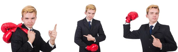 Empleado joven con guantes de boxeo aislados en blanco — Foto de Stock