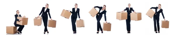 Mujer mujer de negocios con cajas en blanco — Foto de Stock