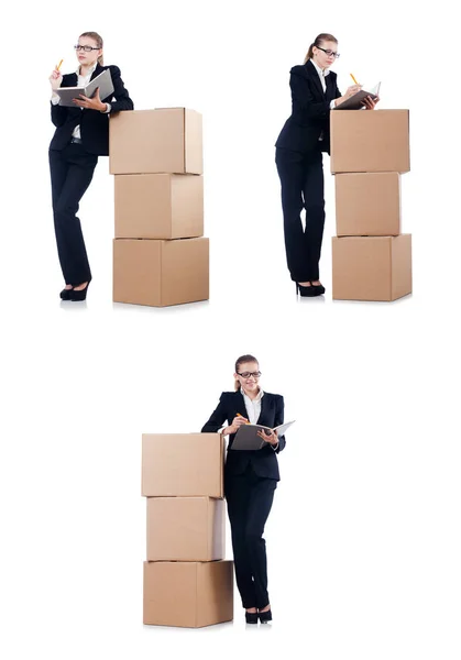 Woman businesswoman with boxes on white — Stock Photo, Image