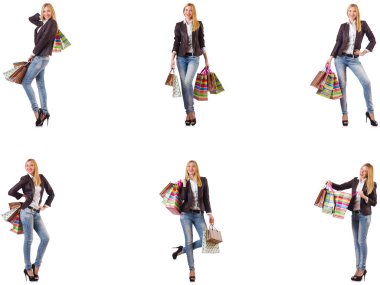 güzel bir kadın ile alışveriş torbaları üzerinde beyaz izole