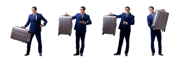 白い背景で隔離されたスーツケースを持つ若いビジネスマン — ストック写真