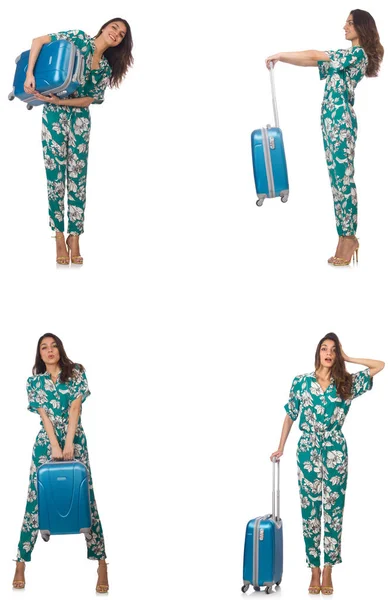 Wanita dengan koper mempersiapkan diri untuk liburan musim panas — Stok Foto