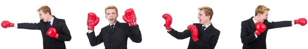 Молодий працівник з боксерськими рукавичками ізольовано на білому — стокове фото