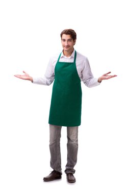 Genç garson beyaz arka planda izole edilmiş.