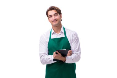 Genç garson beyaz arka planda izole edilmiş.