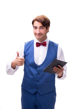 Genç garson beyaz arka planda izole edilmiş.