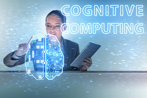 Cognitive computive concept with woman pressing buttons — Stock Photo, Image