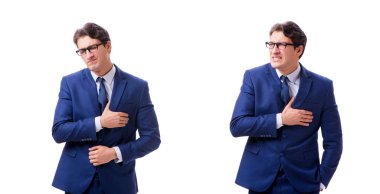 Beyaz arka plan üzerinde izole genç hasta ve mutsuz işadamı