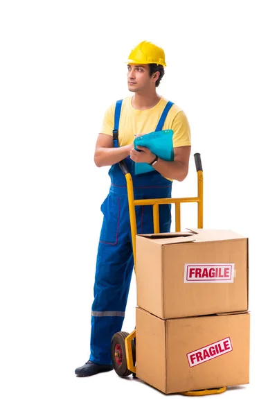 Jovem empreiteiro com caixas frágeis isoladas em branco — Fotografia de Stock