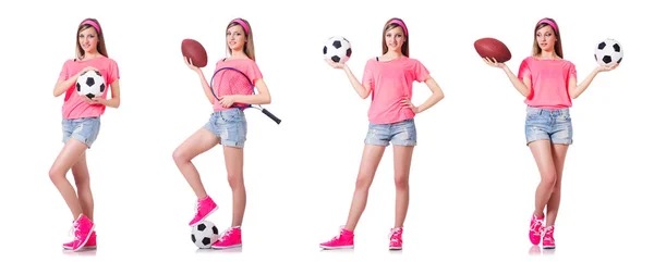 Vrouw met voetbal op wit — Stockfoto