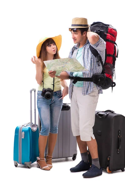 Young family preparing for vacation travel on white — Stock Photo, Image