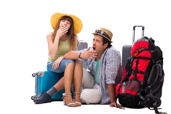 Young family preparing for vacation travel on white — Stock Photo, Image