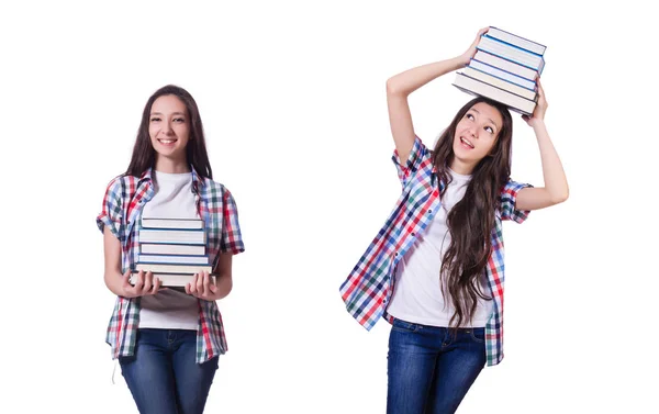 Student girl with many books on white — Stock Photo, Image