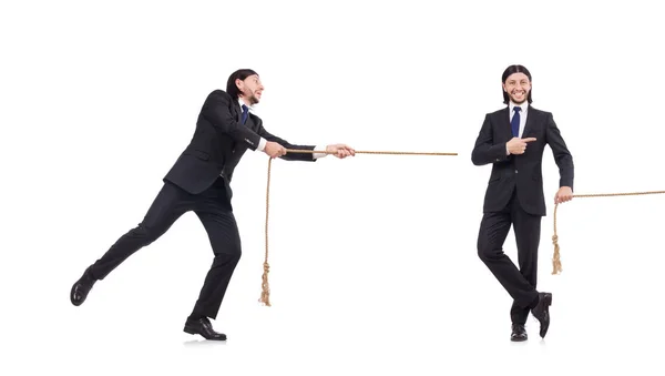 Young businessman pulling rope isolated on white — Stock Photo, Image