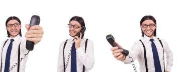 Beyaz izole telefon ile kızgın işadamı