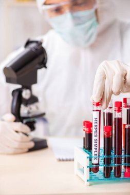 Genç yakışıklı laboratuvar asistanı hastanede kan örnekleri test ediyor. 