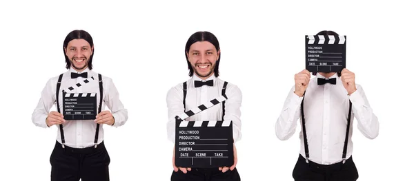 Jeune homme avec clapet isolé sur blanc — Photo