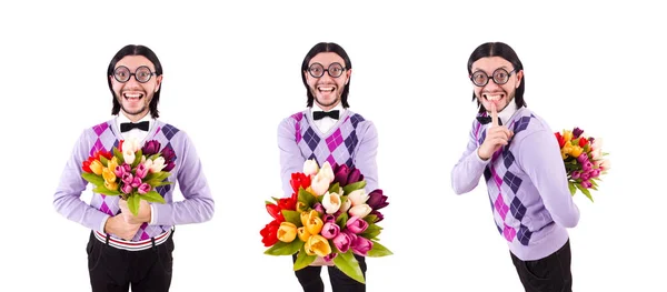 Человек держит тюльпаны изолированы на белом — стоковое фото