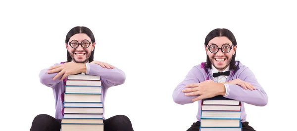 Grappige student met boeken geïsoleerd op wit — Stockfoto