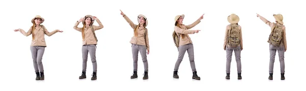 Woman wearing safari hat on white — Stock Photo, Image