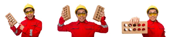 Trabajador de la construcción con ladrillos de arcilla en blanco — Foto de Stock