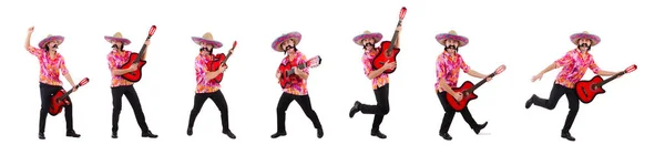 Mexican male brandishing guitar isolated on white — Stock Photo, Image