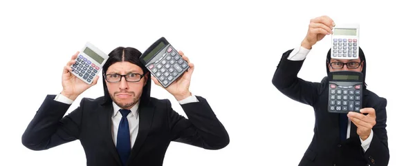 Homem com calculadora isolada em branco — Fotografia de Stock