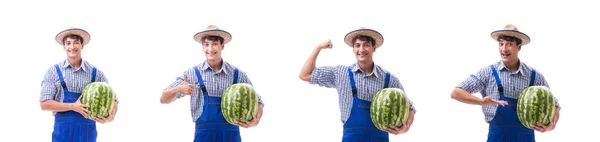 Unga jordbrukare med vattenmelon isolerad på vit — Stockfoto