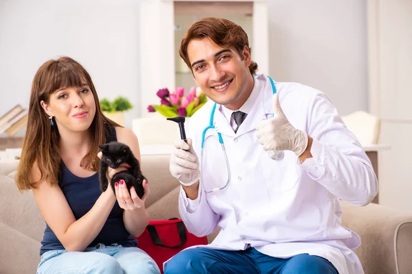 Médico veterinario visitando gatitos enfermos en casa — Foto de Stock