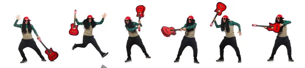 Man met gitaar in muzikaal concept op wit — Stockfoto