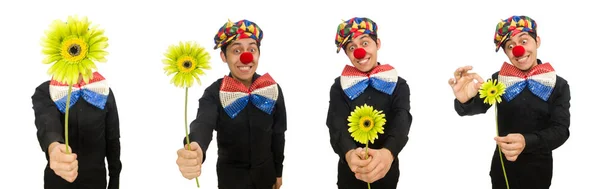 Lustiger Clown mit Blumen isoliert auf weiß — Stockfoto