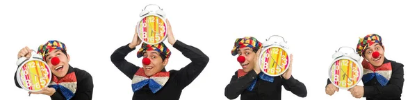 Rolig clown med klocka isolerad på vit — Stockfoto