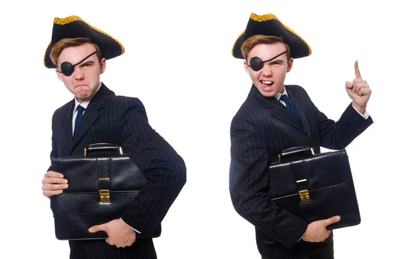 Jonge man in kostuum met pirate hat geïsoleerd op wit — Stockfoto