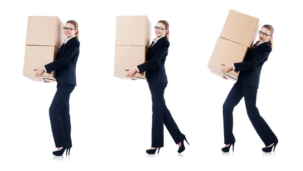 Empresaria con cajas aisladas en blanco — Foto de Stock